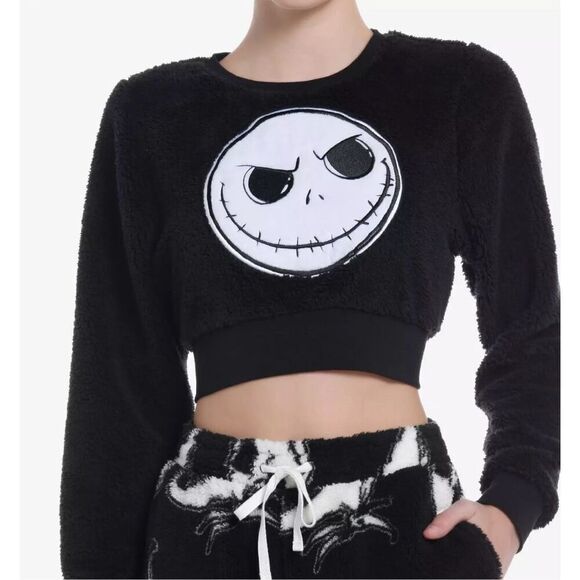 Disney The Nightmare Before Christmas Jack & Zero Sherpa Lounge Cropped Top Blac - Picture 1 of 5